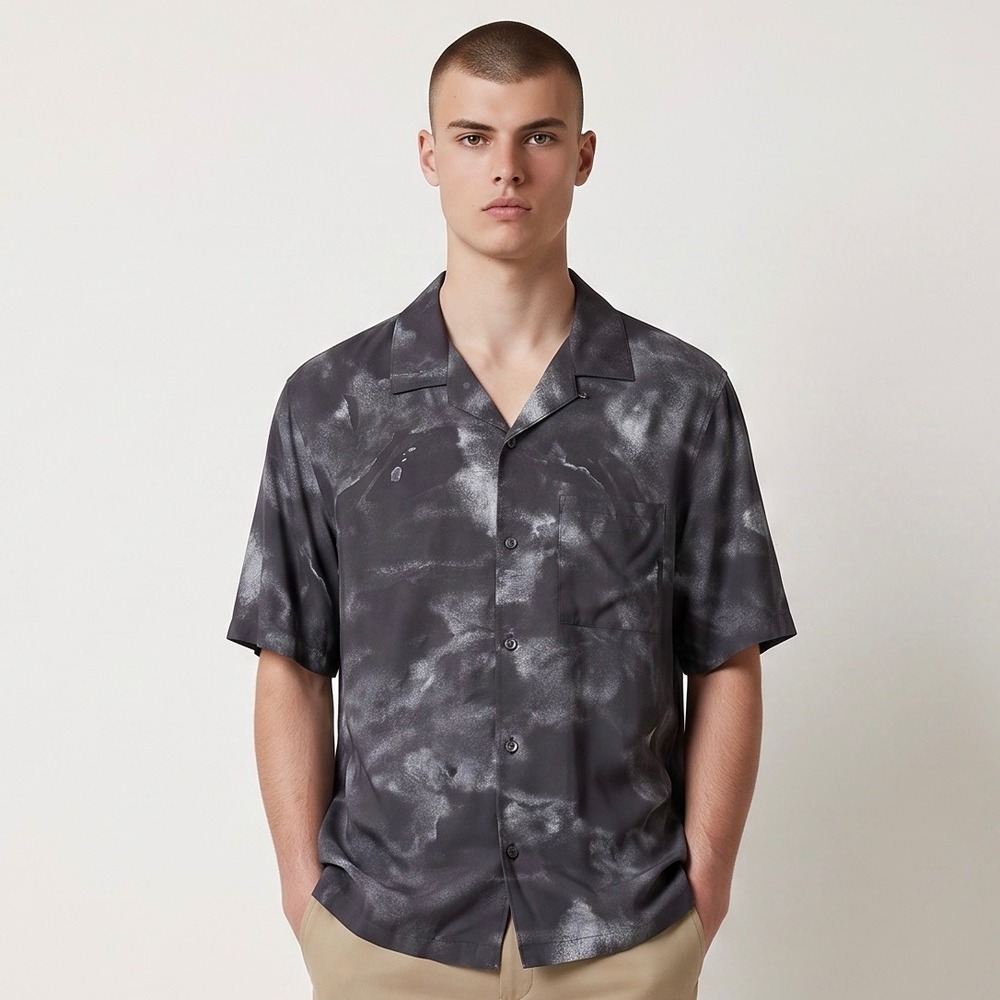 Theory Button Down Camp Shirt Mens XL Grey Noll SS Cloud Print Abstract Resort